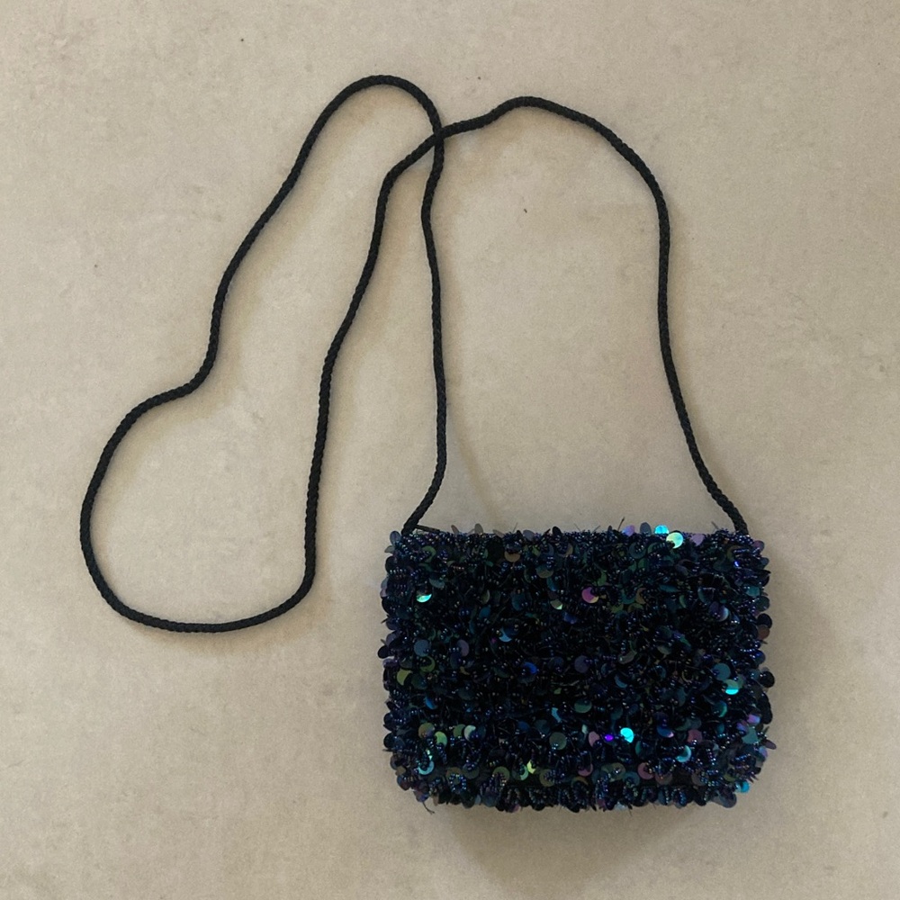 Navy Blue Sequin & Bead Crossbody Clutch Purse Small Evening Bag